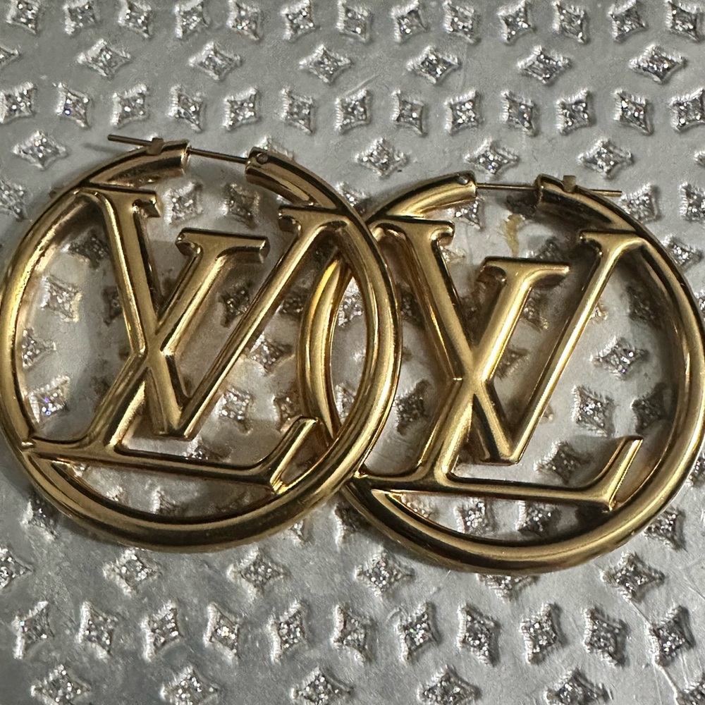 Louis Vuitton Gold Logo Hoop Earrings